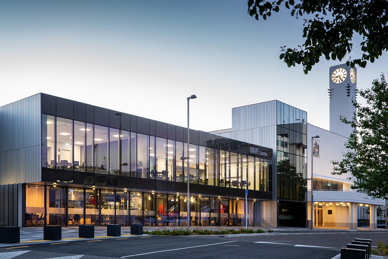 Lower Hutt Events Centre exterior at dusk
